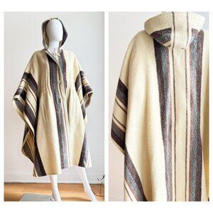 Vintage Casa de Lana Wool Ivory Striped Cinched waist Hooded Cape Poncho OS
